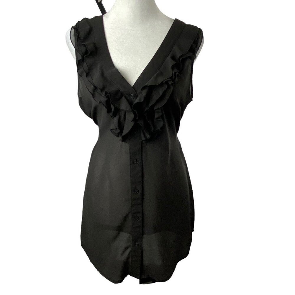 Anthropologie‎ FEI Women Blouse Sz 4 Black Sheer Ruffle Button Front V Neck 33-4